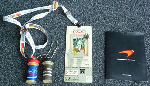 West McLaren Mercedes Computer Associates VIP paddock card signed by Norbert Haug + earplugs + Circuit map German GP Hockenheim 1999 - Yuui's F1 scale models