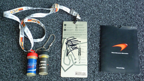 West McLaren Mercedes Computer Associates VIP paddock card signed by Norbert Haug + earplugs + Circuit map German GP Hockenheim 1999 - Yuui's F1 scale models